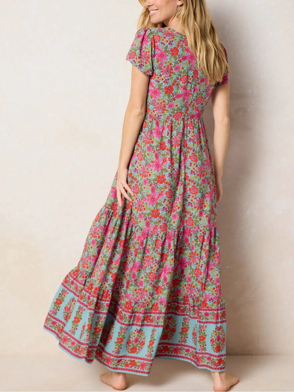Natural Life Evangeline Floral V-Neck Maxi Dress in Pink and Aqua Small New - Picture 4 of 5